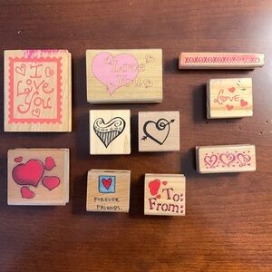 WOOD MOUNTED RUBBER STAMP HEART LOVE COLLECTION 10 TOTAL STAMPS